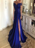 Royal Blue Off the Shoulder Satin Appliques Prom Dress with Slit LBQ3212
